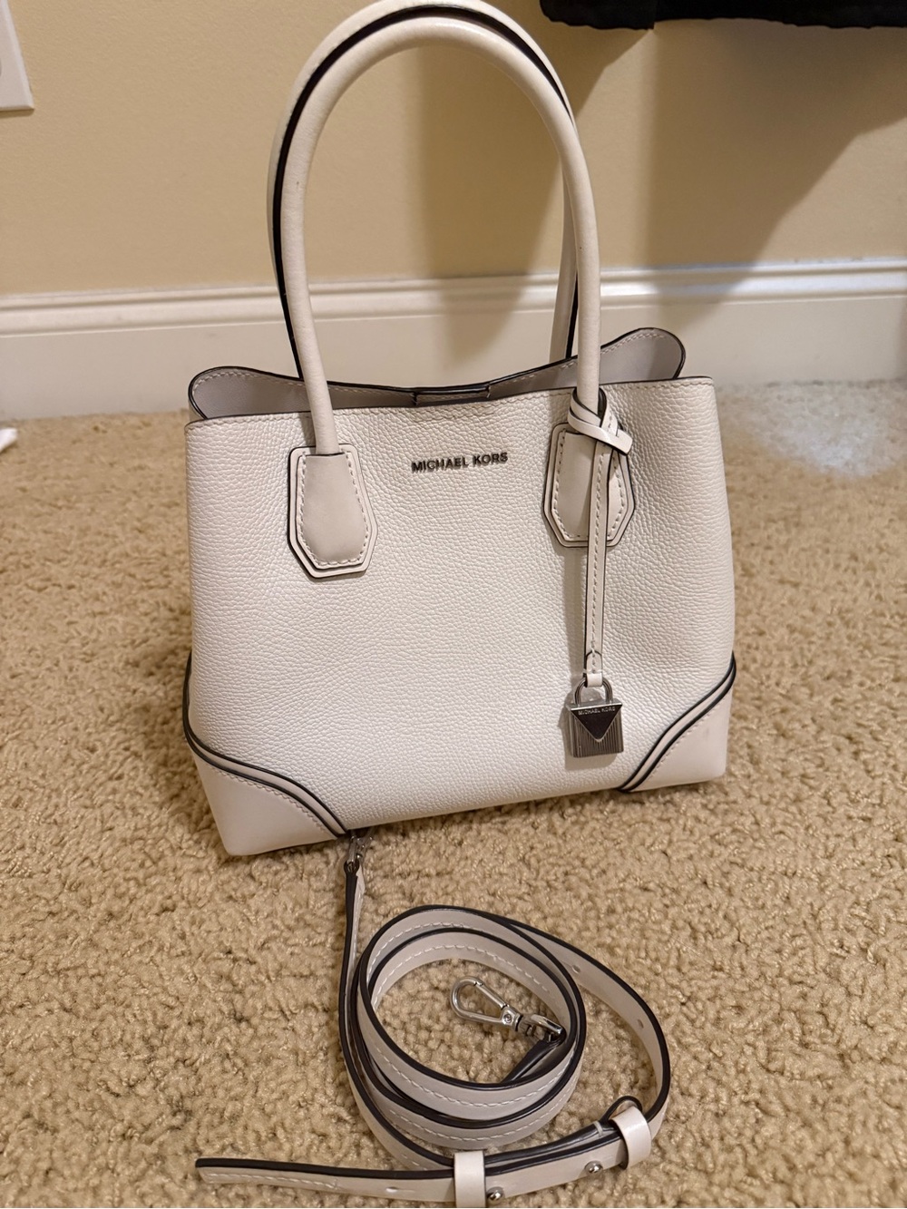Michael Kors White Pebbled Leather Satchel with Black Trim